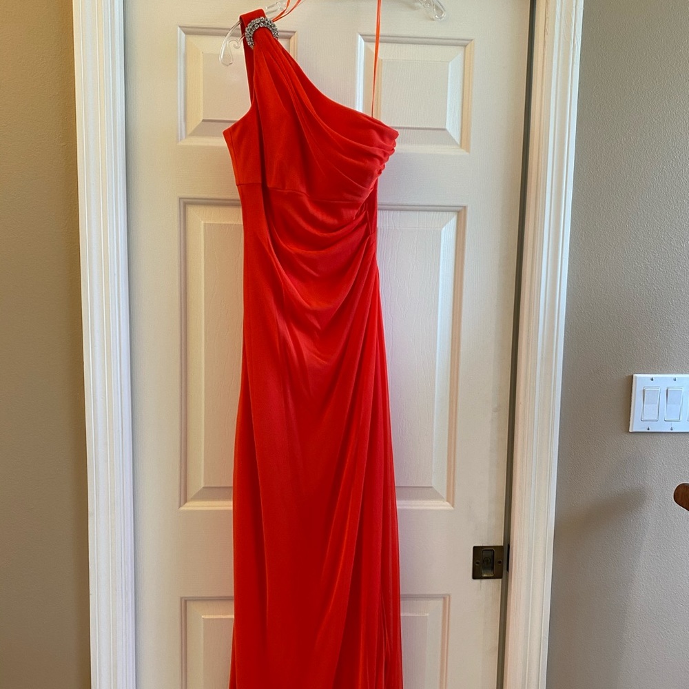 Lovely red orange one shoulder evening gown, 6